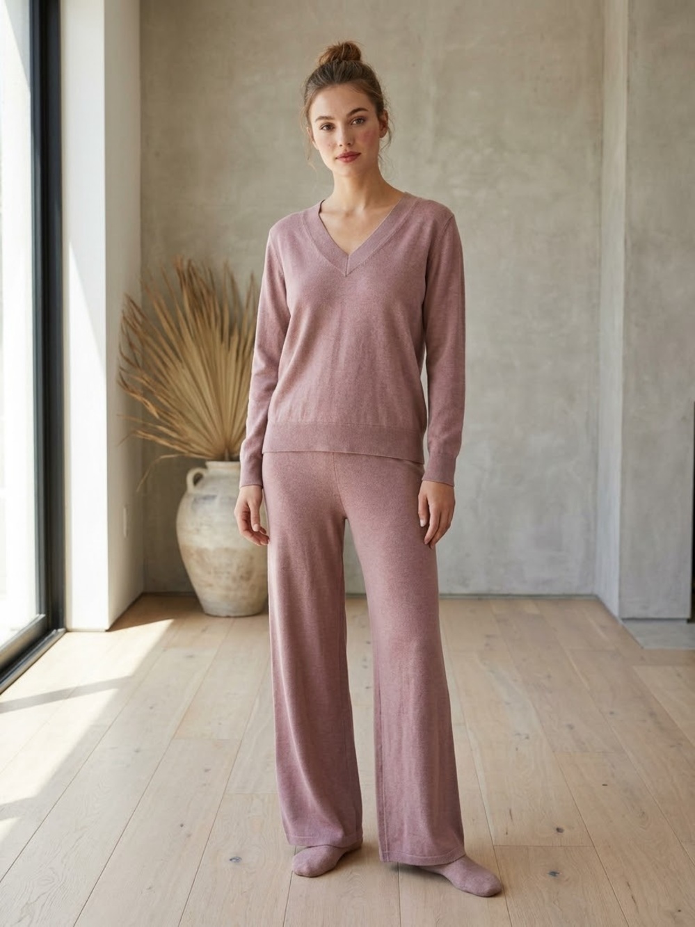 Barefoot Dreams V-Neck Lounge Sweater & Wide-Leg Pants Set - Dusty Rose